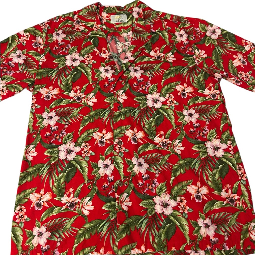 VTG 90s HO ALOHA Hawaiian Button‎ Up Shirt Tropical Floral Red Green Men L